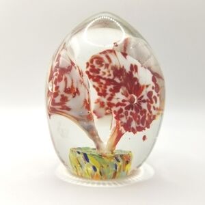 Vintage Art Glass Egg Shaped Paperweight Mulit Color Base Flowers Speckled Red